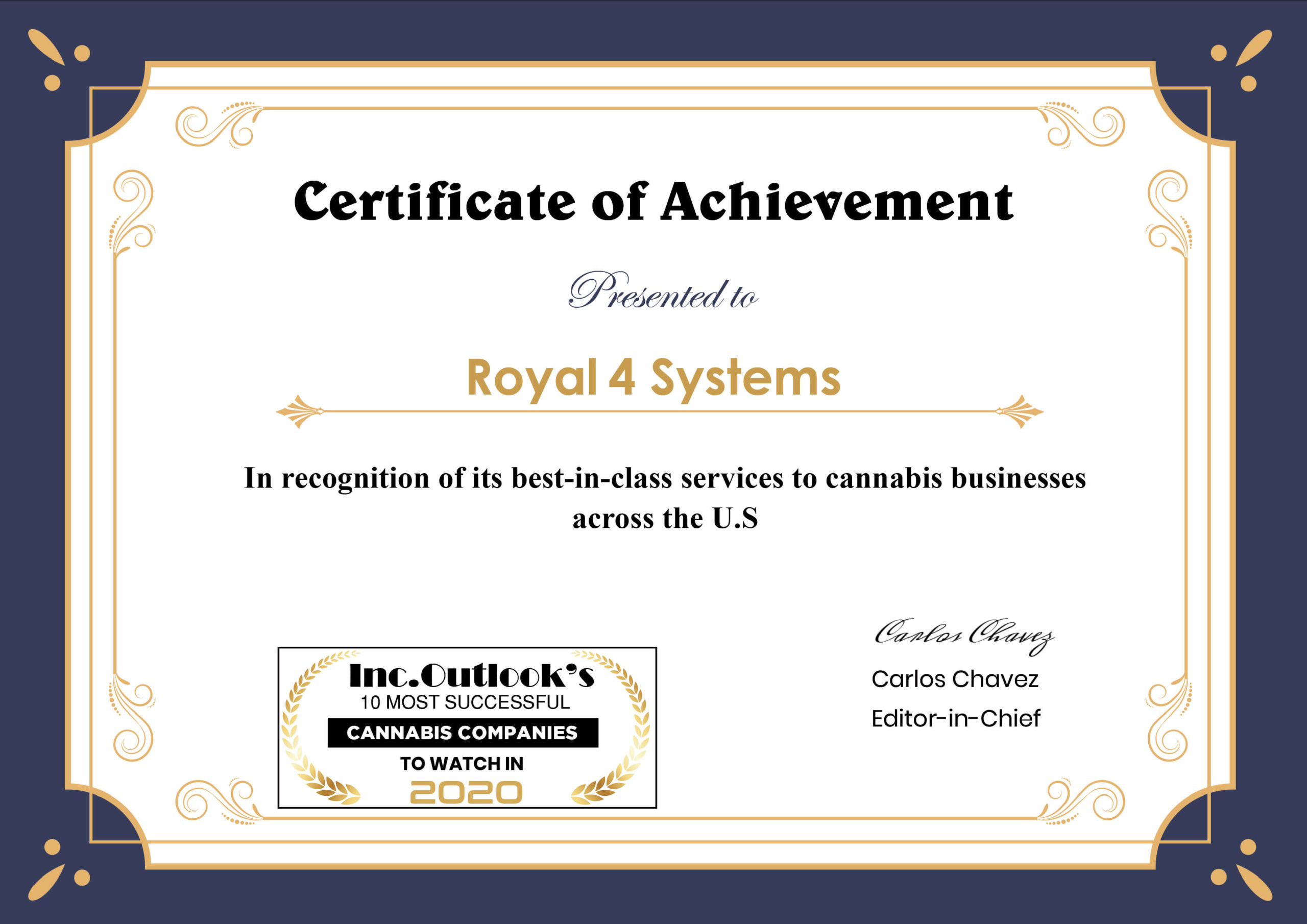 Certificato di cannabis Royal 4 Systems